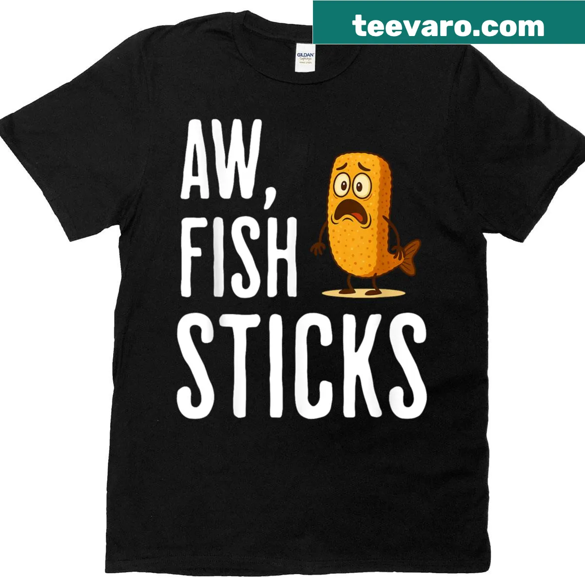 Sarcastic cartoon of fish sticks with humorous text — on a men's t-shirt
