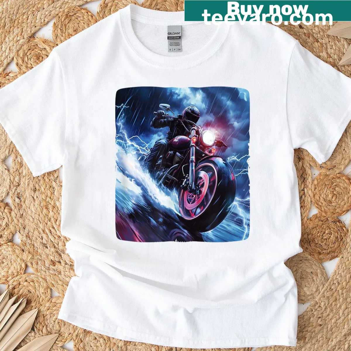 Illustrative t-shirt featuring a motorcycle amidst a stormy backdrop. — on a men's t-shirt