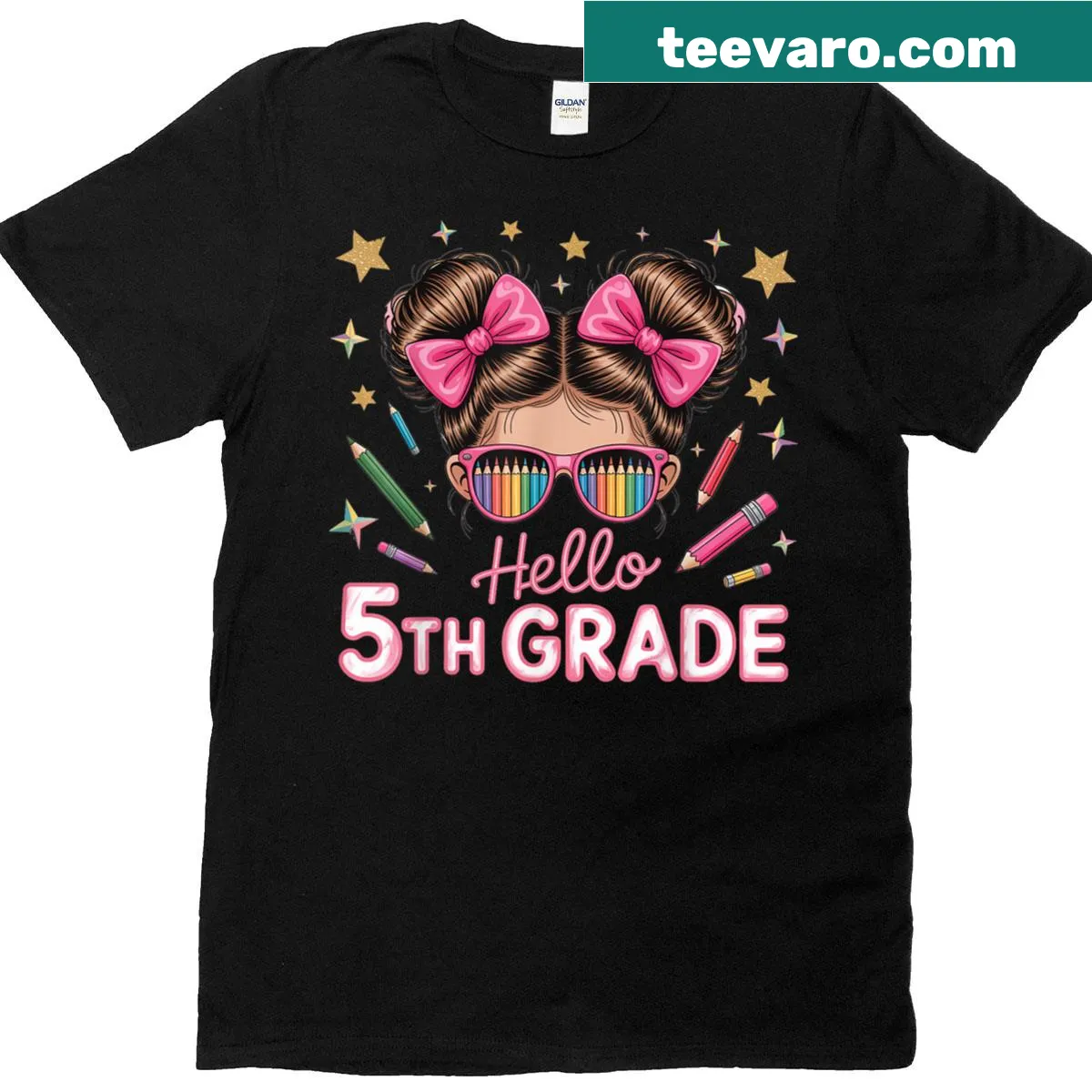 Cute teacher t-shirt with coquette bow design and 'Hello Fifth Grade' text — on a men's t-shirt
