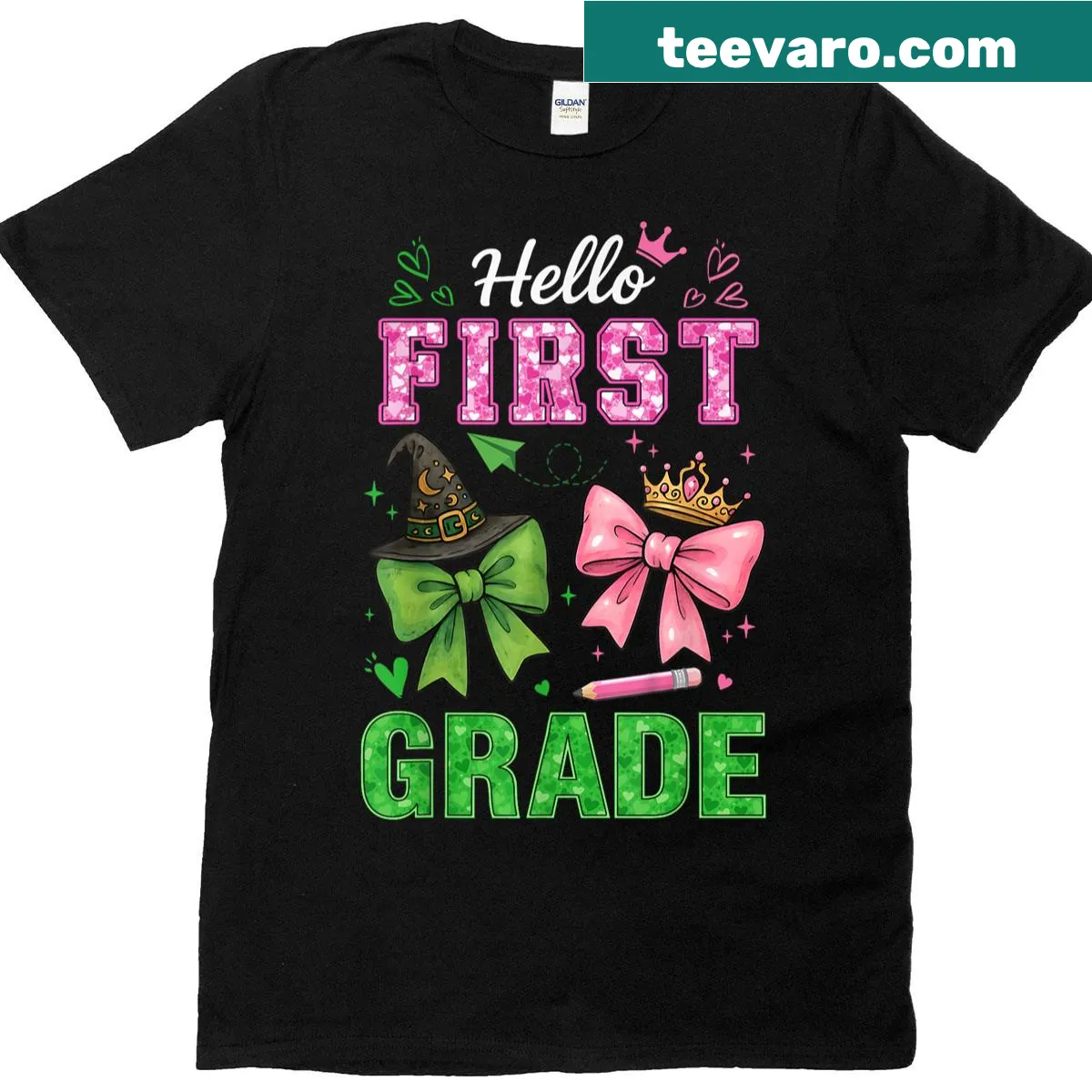 Cute teacher t-shirt with bow design saying 'Hello First Grade' — on a men's t-shirt