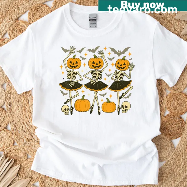 Ballet skeleton dancing with a pumpkin in a funny Halloween design
