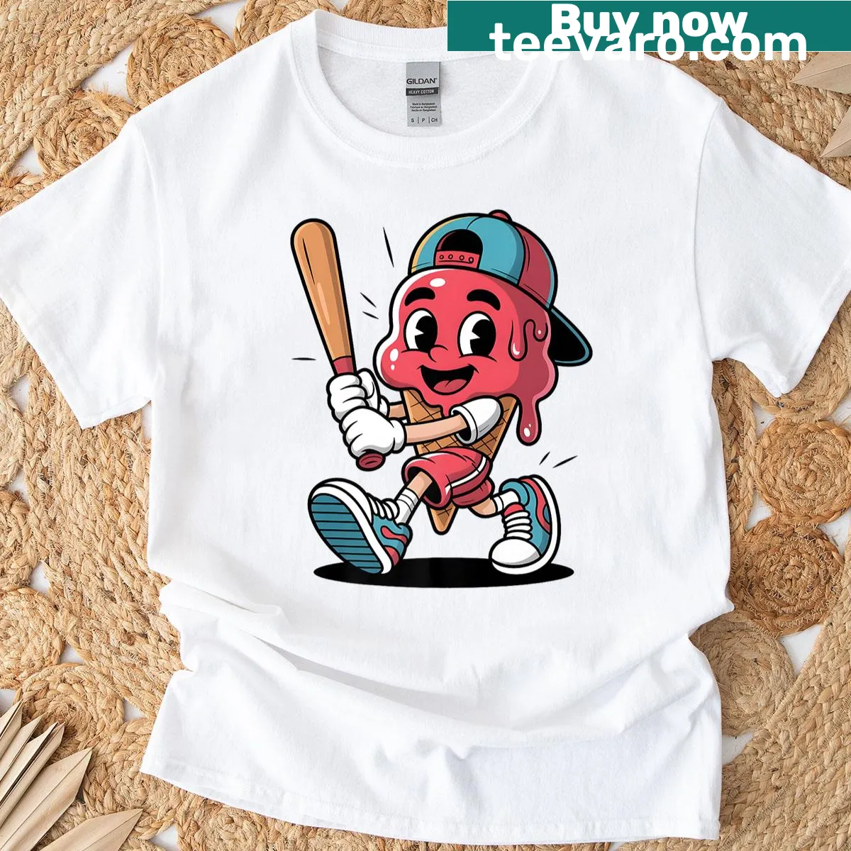 Retro ice cream waffle cone with baseball elements for sports fans — on a men's t-shirt