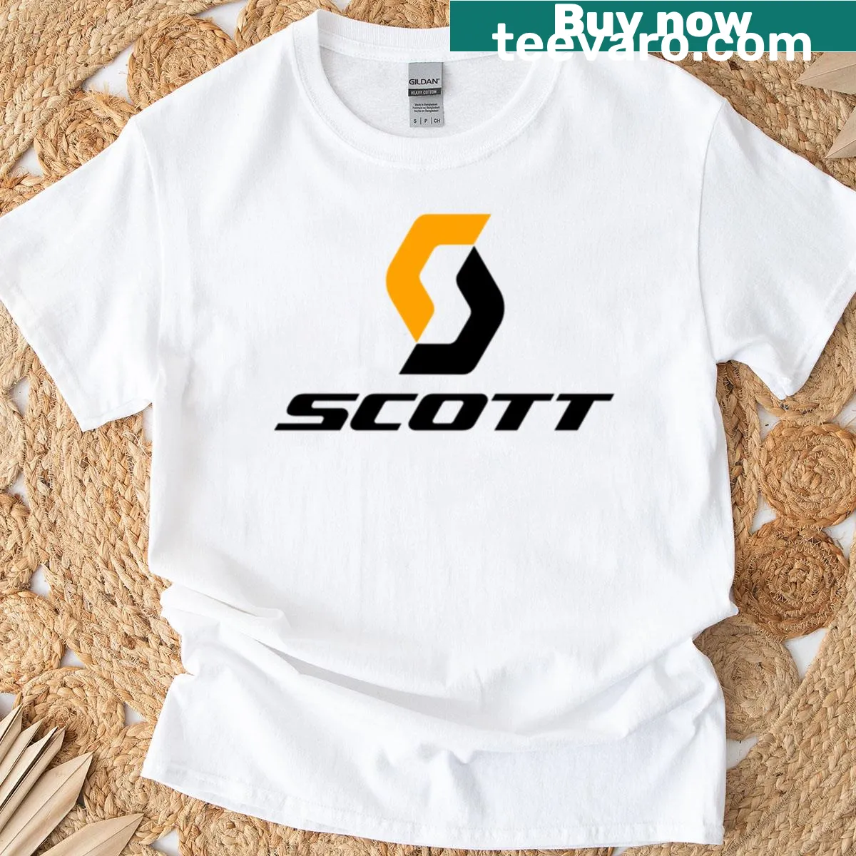 Scott bike logo T-shirt in orange and black design — on a men's t-shirt