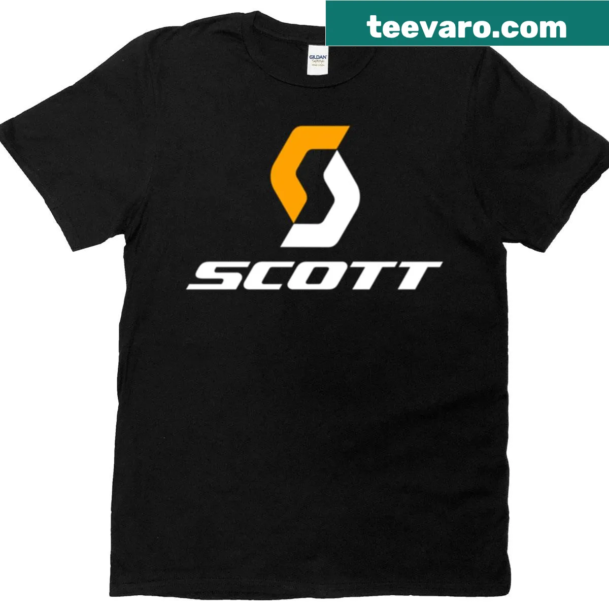 Scott Bike logo t-shirt in orange and white — on a men's t-shirt
