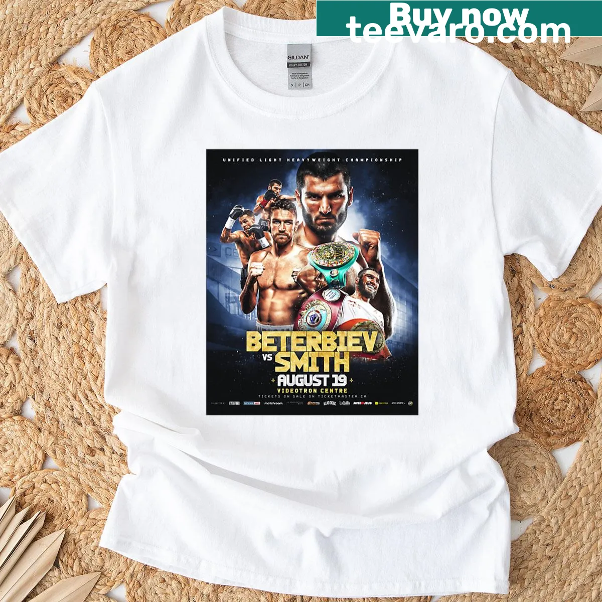 Official fight poster T-shirt for Beterbiev vs. Smith boxing match — on a men's t-shirt