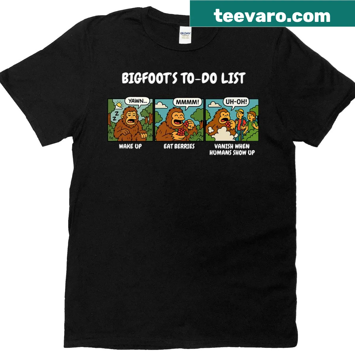 Comic strip illustration of Bigfoot's daily routine — on a men's t-shirt
