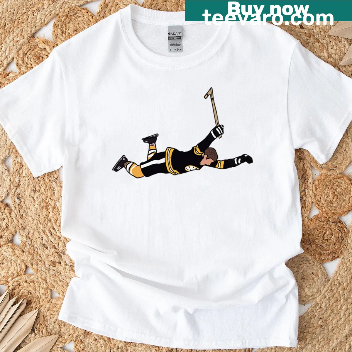 Illustration of Bobby Orr diving in celebration on a t-shirt — on a men's t-shirt
