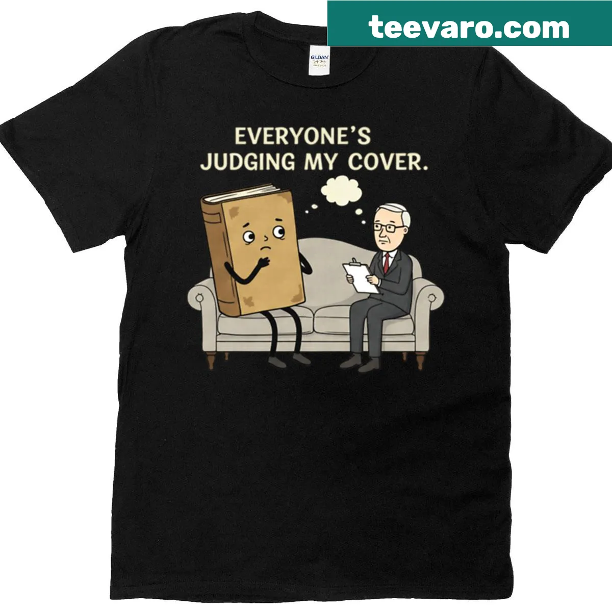 Funny T-shirt with text about therapy and judgment — on a men's t-shirt