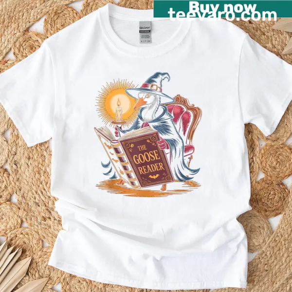 Halloween-themed shirt featuring a silly goose and bookish text.