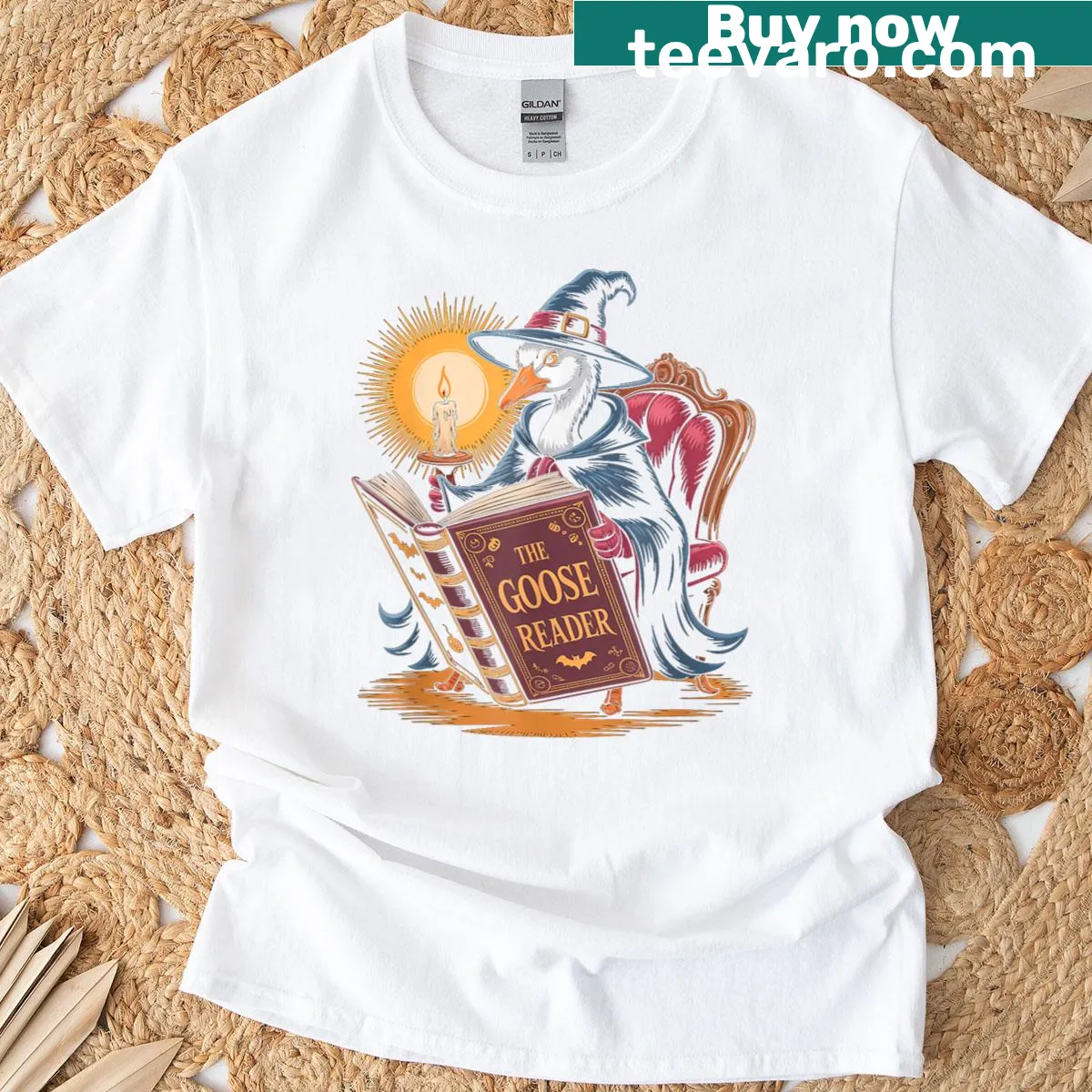 Halloween-themed shirt featuring a silly goose and bookish text. — on a men's t-shirt