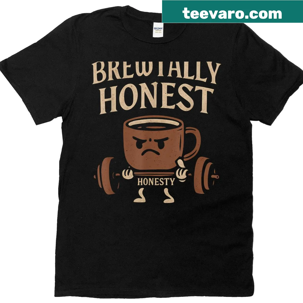 Text 'Brewtally Honest' with coffee and weightlifting theme — on a men's t-shirt