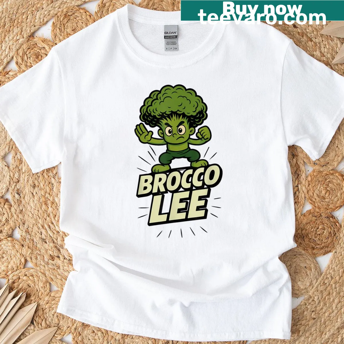 Cartoon broccoli character named Brocco Lee in a martial arts pose with a pun. — on a men's t-shirt