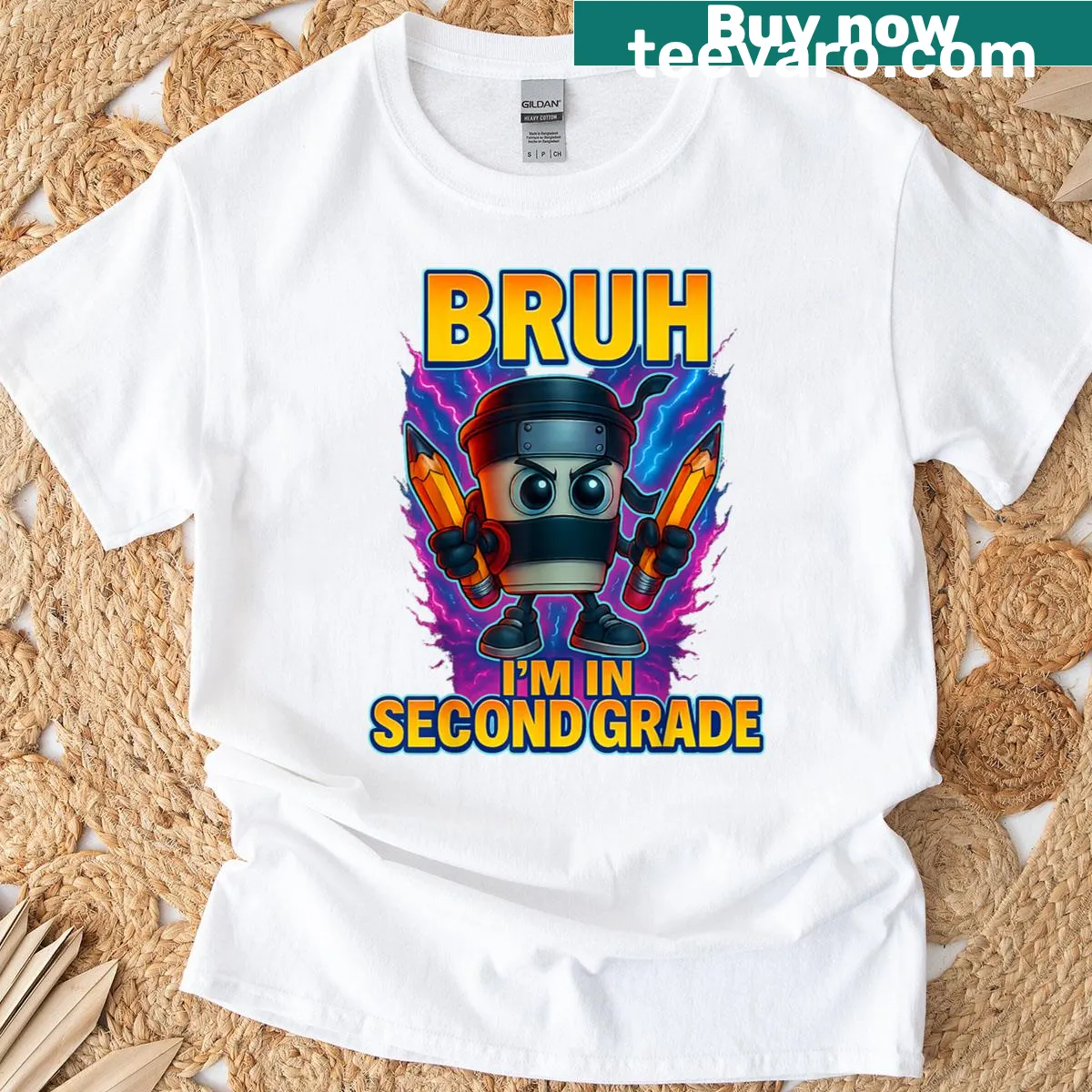 Playful second-grade themed t-shirt for boys with humorous text — on a men's t-shirt
