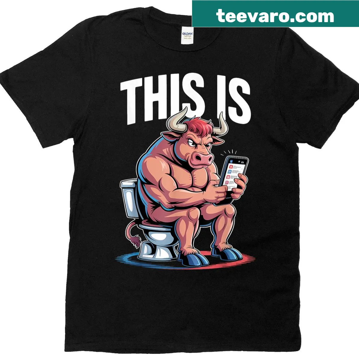 Funny T-shirt with a bull on a toilet playing with a phone — on a men's t-shirt