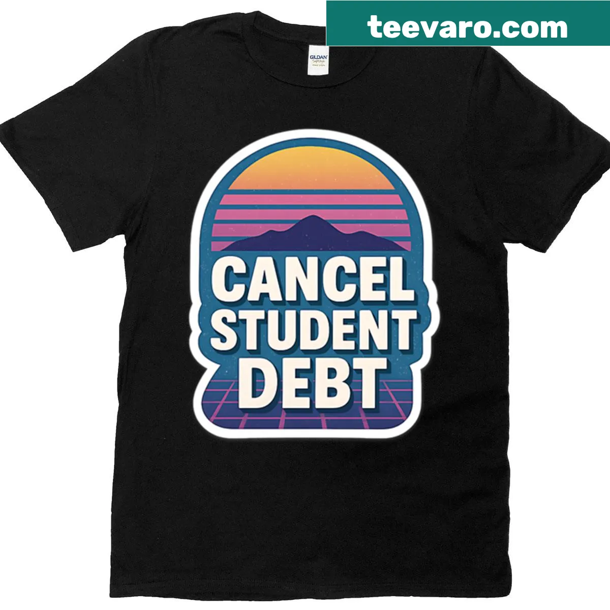 Bold t-shirt with message about student debt cancellation — on a men's t-shirt