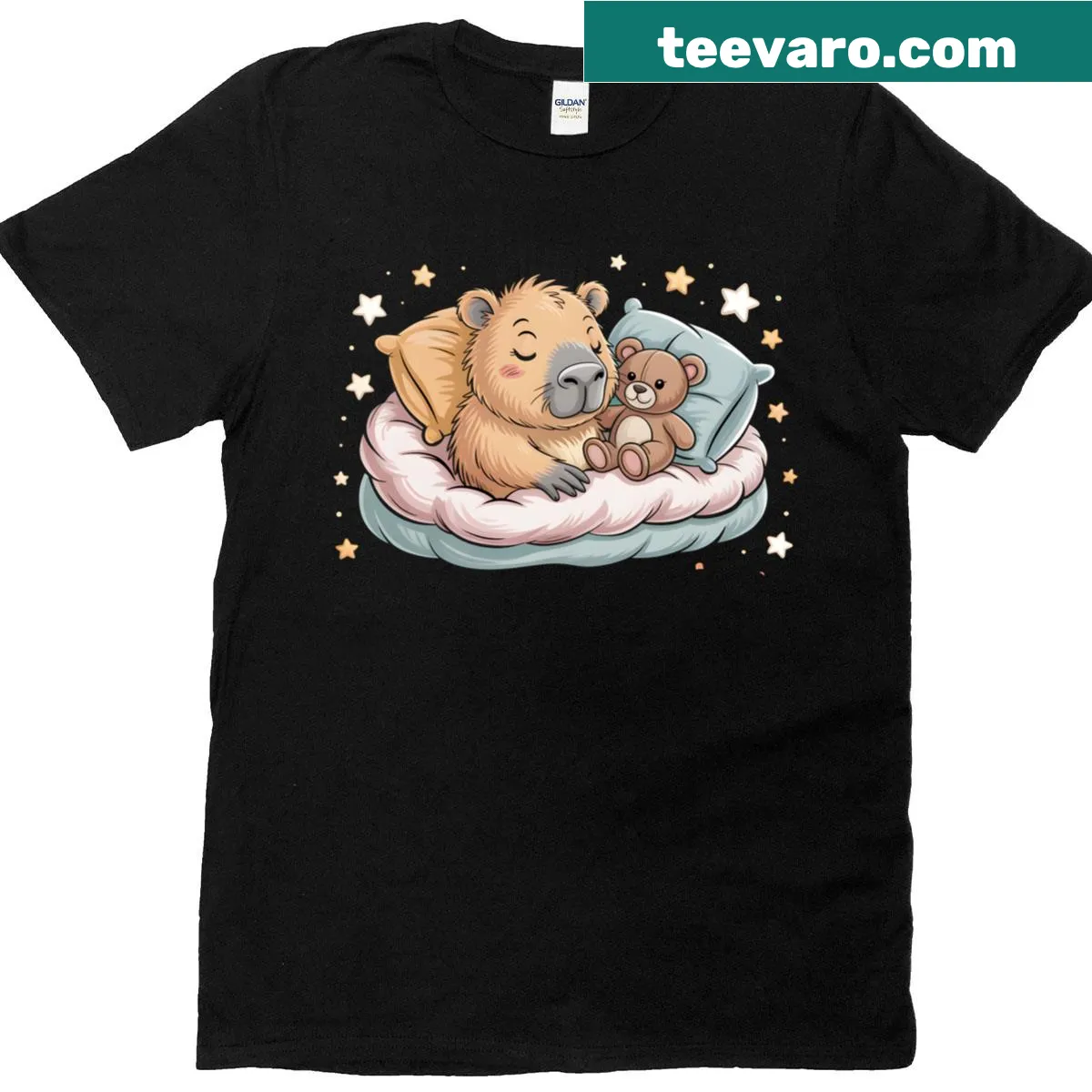 Cute capybara sleeping with a teddy bear illustrated on a t-shirt. — on a men's t-shirt