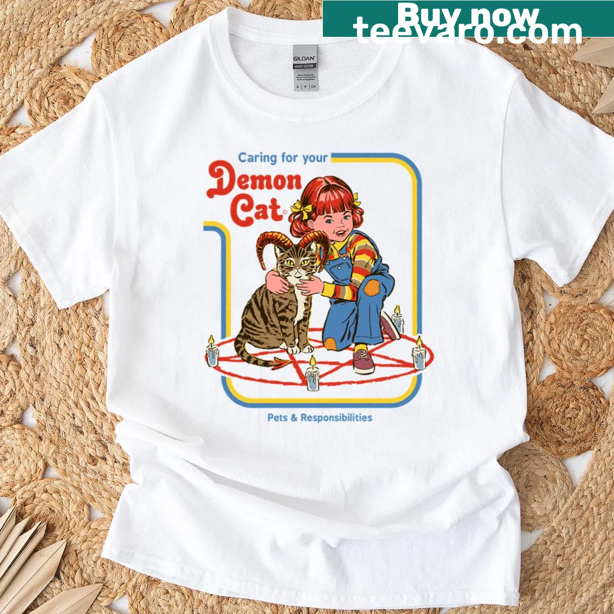 T-shirt depicting a humorous illustration about caring for a demon cat — on a men's t-shirt