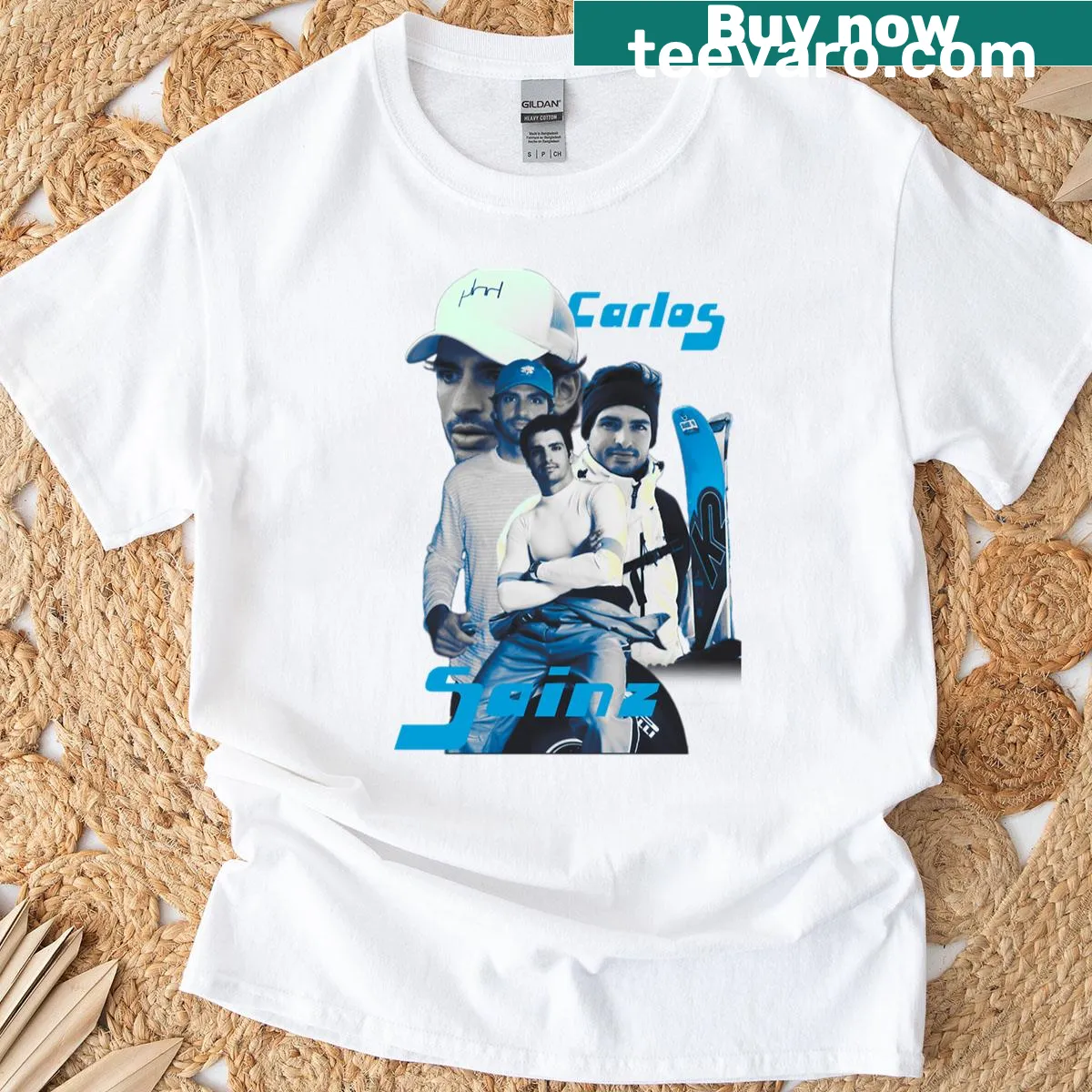 Sticker-style T-shirt design inspired by Carlos Sainz — on a men's t-shirt