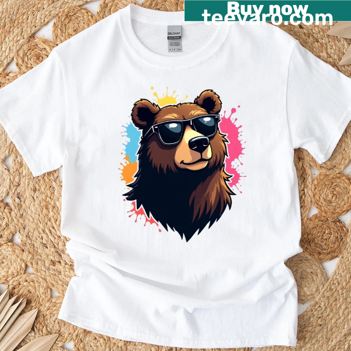 Cartoon bear head wearing sunglasses design — on a men's t-shirt