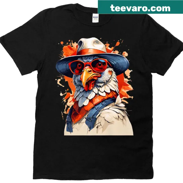 Cartoon chicken wearing a hat and glasses with colorful splashes on a t-shirt.
