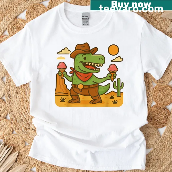 Cartoon T-rex dressed as a cowboy holding ice cream in a desert scene