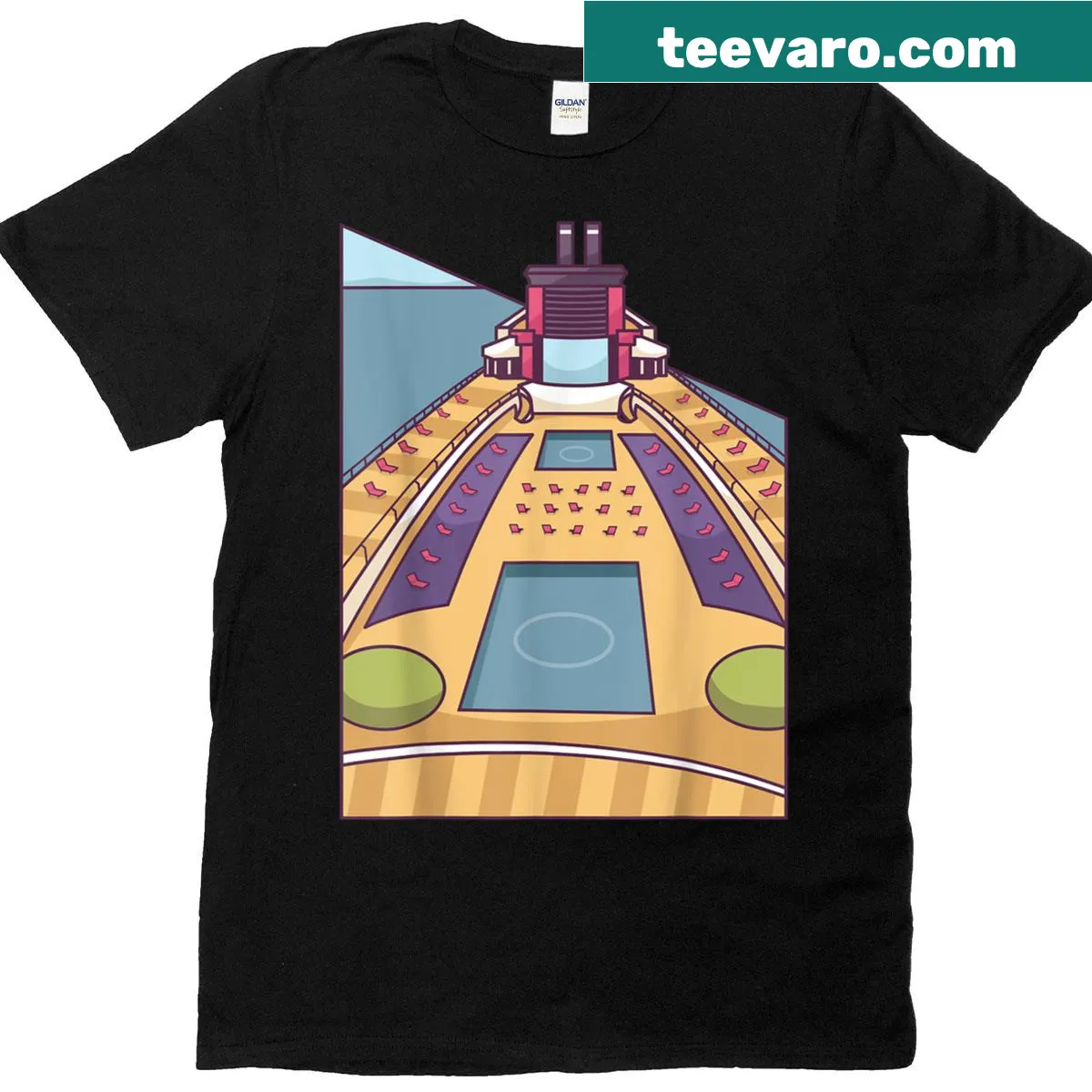 Cartoon t-shirt depicting cruise deck vibes with fun graphics. — on a men's t-shirt