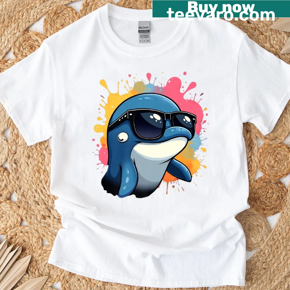 Cartoon dolphin head wearing sunglasses with playful splash design — on a men's t-shirt