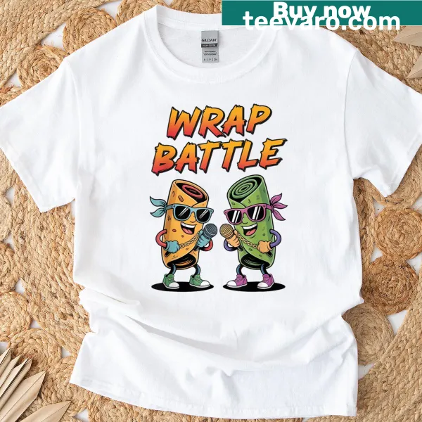 Humorous cartoon food wraps in a rap battle graphic T-shirt