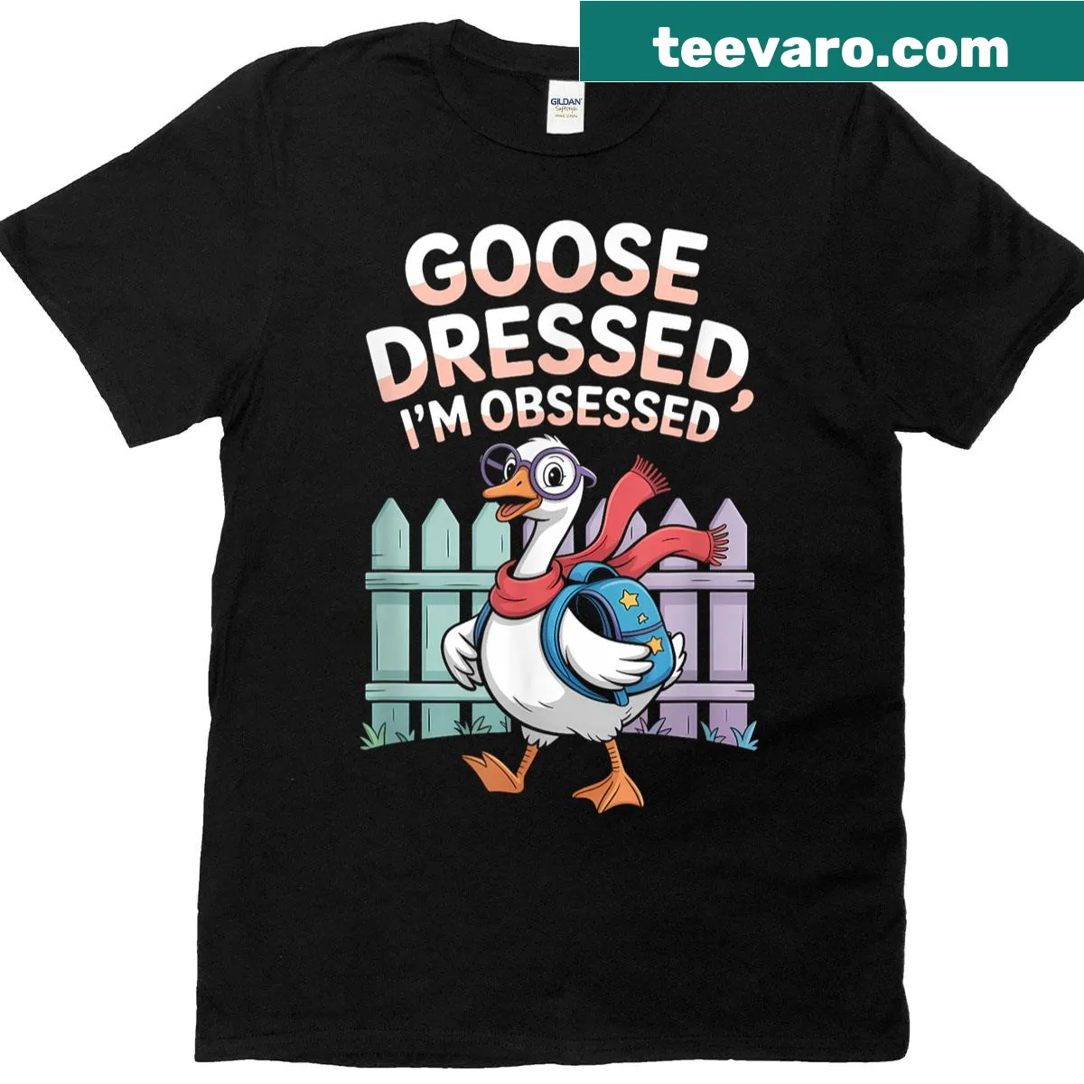 Cartoon t-shirt featuring a dressed up goose with 'I'm Obsessed' text. — on a men's t-shirt