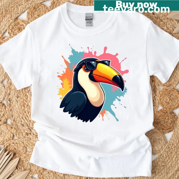 Playful cartoon toucan wearing sunglasses on a fun T-shirt