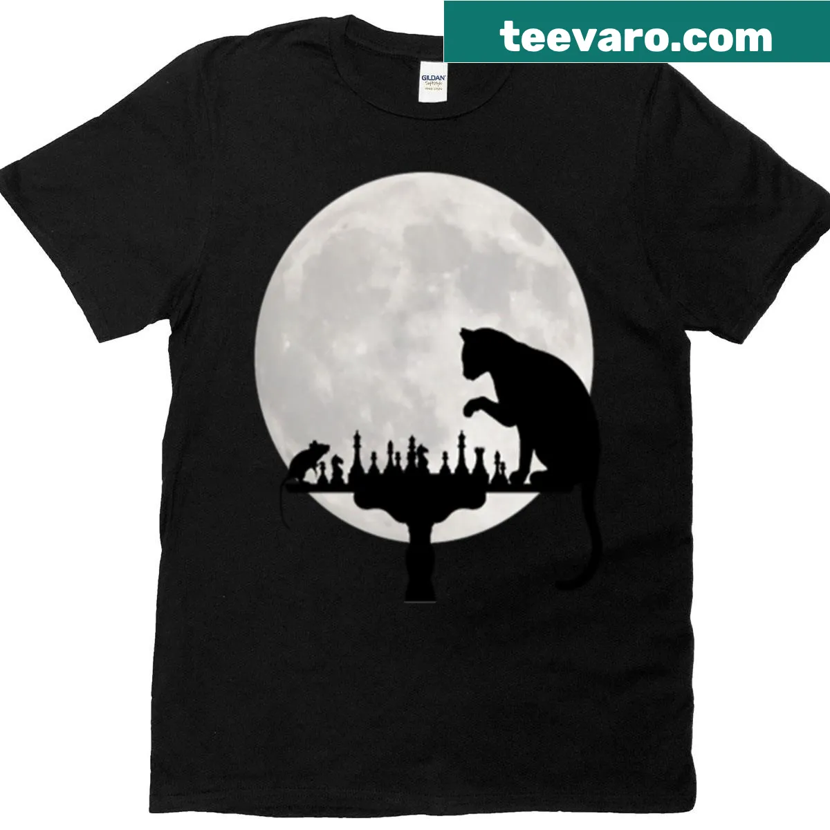Funny t-shirt with a cat and rat playing chess graphic. — on a men's t-shirt