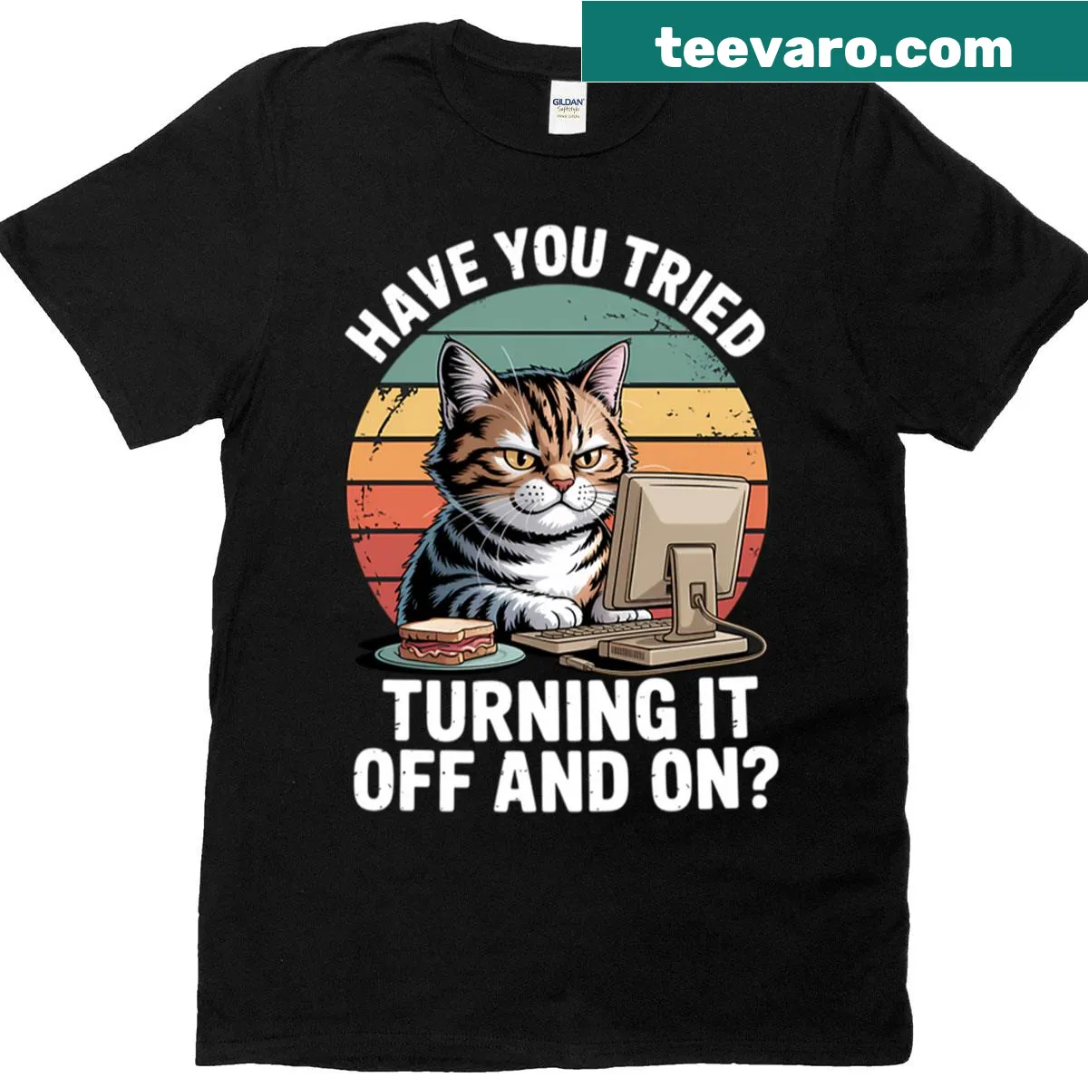 Funny tech engineer t-shirt with cat and troubleshooting text — on a men's t-shirt