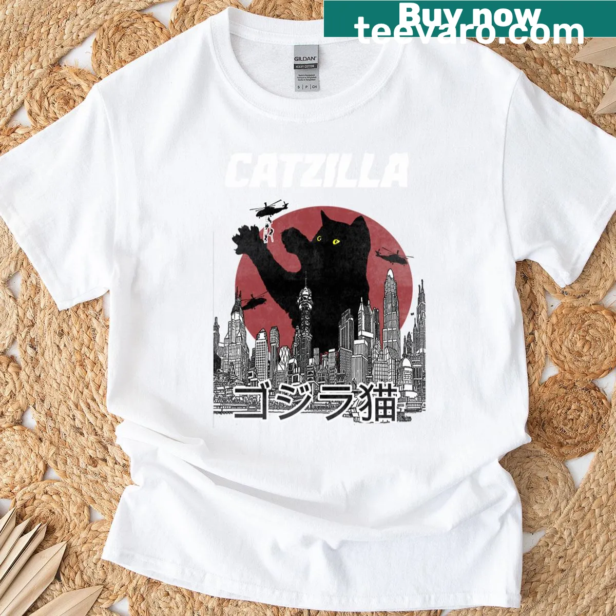 Vintage Catzilla t-shirt featuring a giant cat graphic — on a men's t-shirt