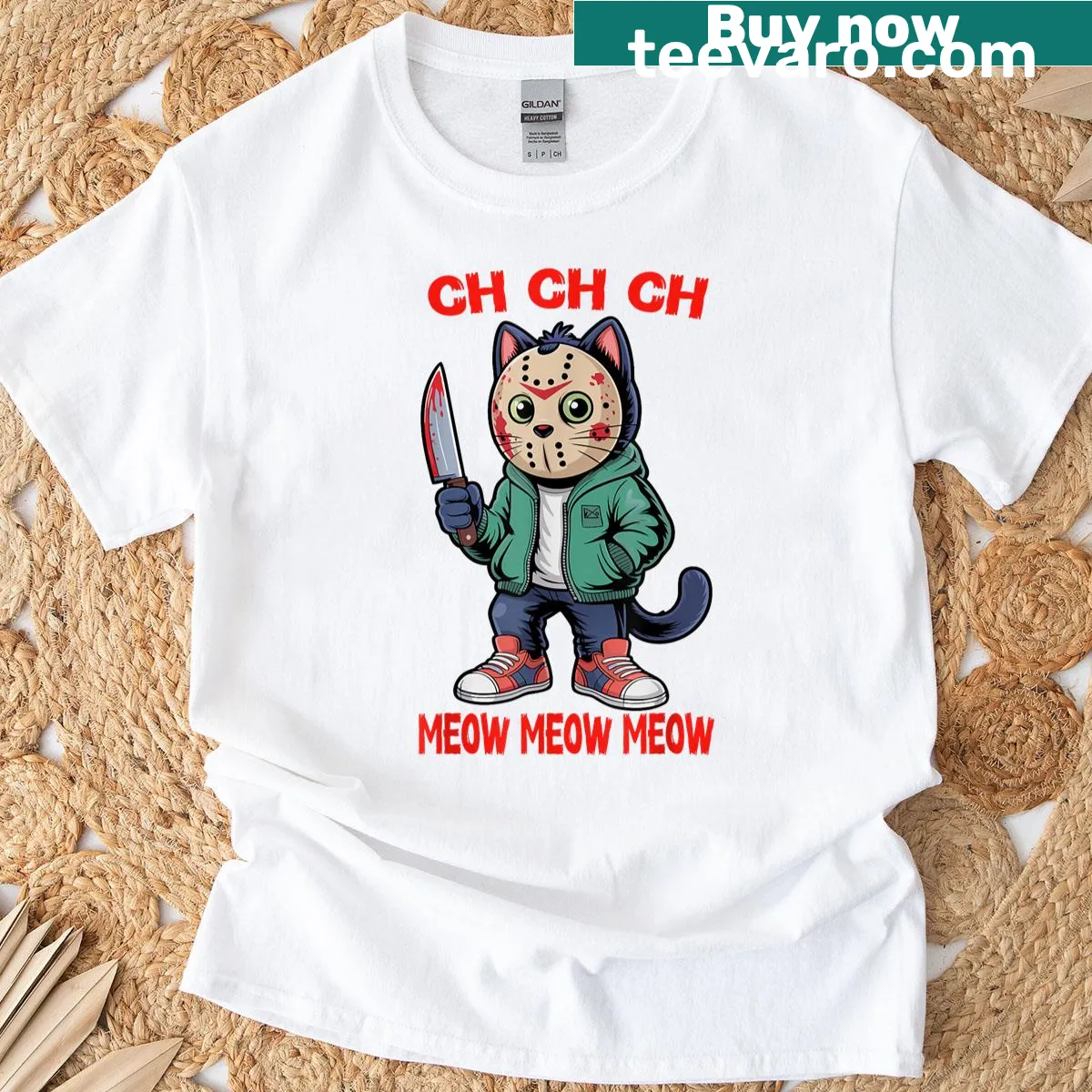 Halloween cat T-shirt with 'Ch Ch Ch Meow Meow Meow' text — on a men's t-shirt