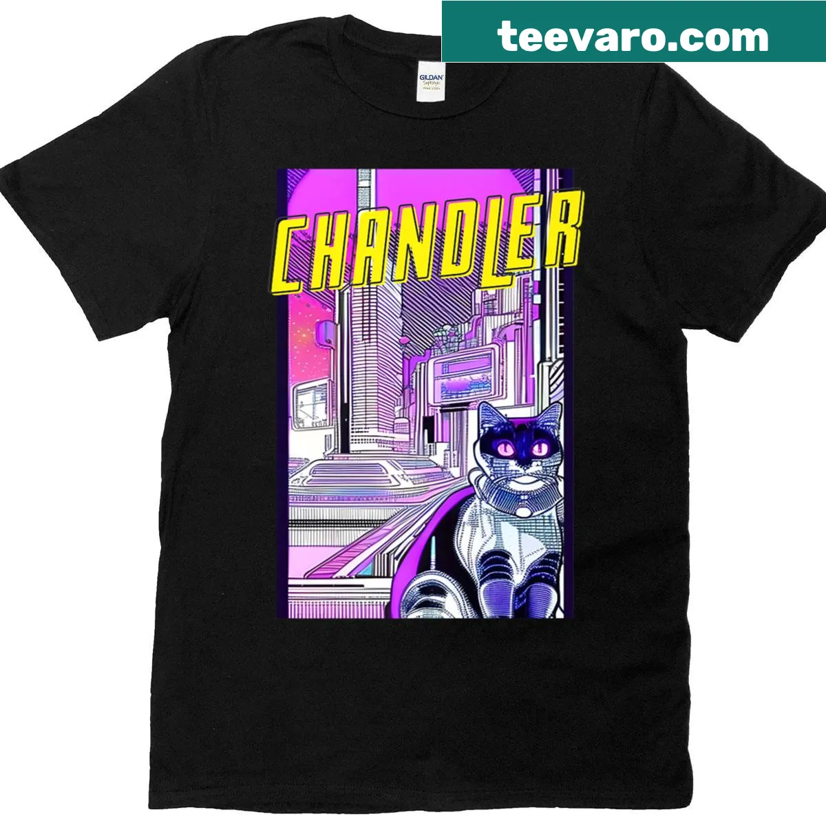 Retro anime-style cat cityscape t-shirt from Chandler, Arizona — on a men's t-shirt