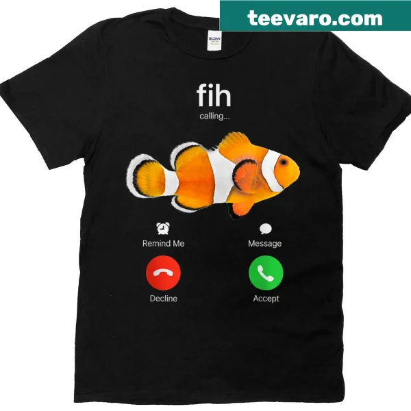 Cartoon t-shirt featuring a clown fish with a phone call joke