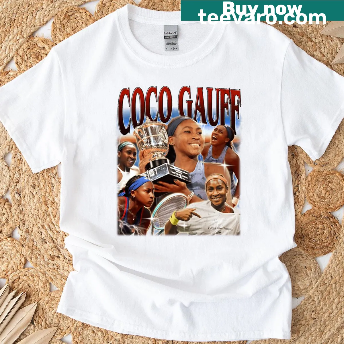 Vintage collage T-shirt featuring tennis player Coco Gauff — on a men's t-shirt