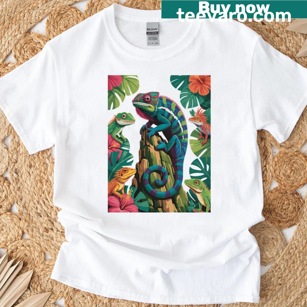 T-shirt with playful gecko and chameleon illustrations — on a men's t-shirt