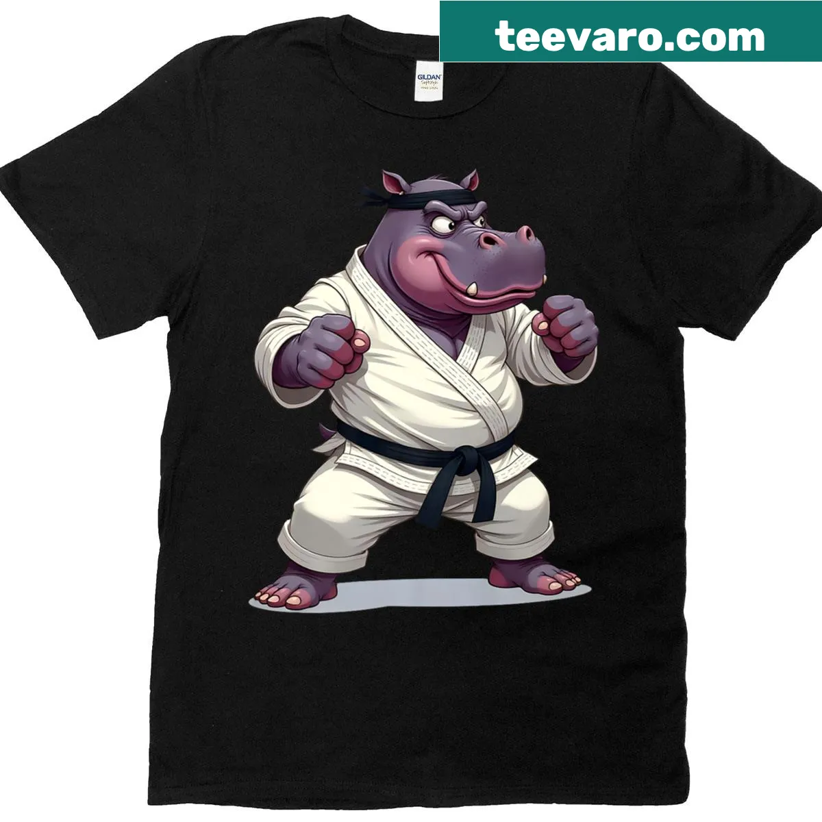 Graphic t-shirt featuring a hippo in a martial arts gi fighting pose — on a men's t-shirt
