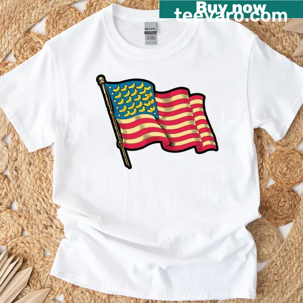 Cartoon banana with a flag background on a casual T-shirt