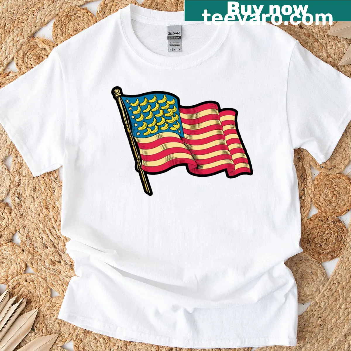Cartoon banana with a flag background on a casual T-shirt — on a men's t-shirt