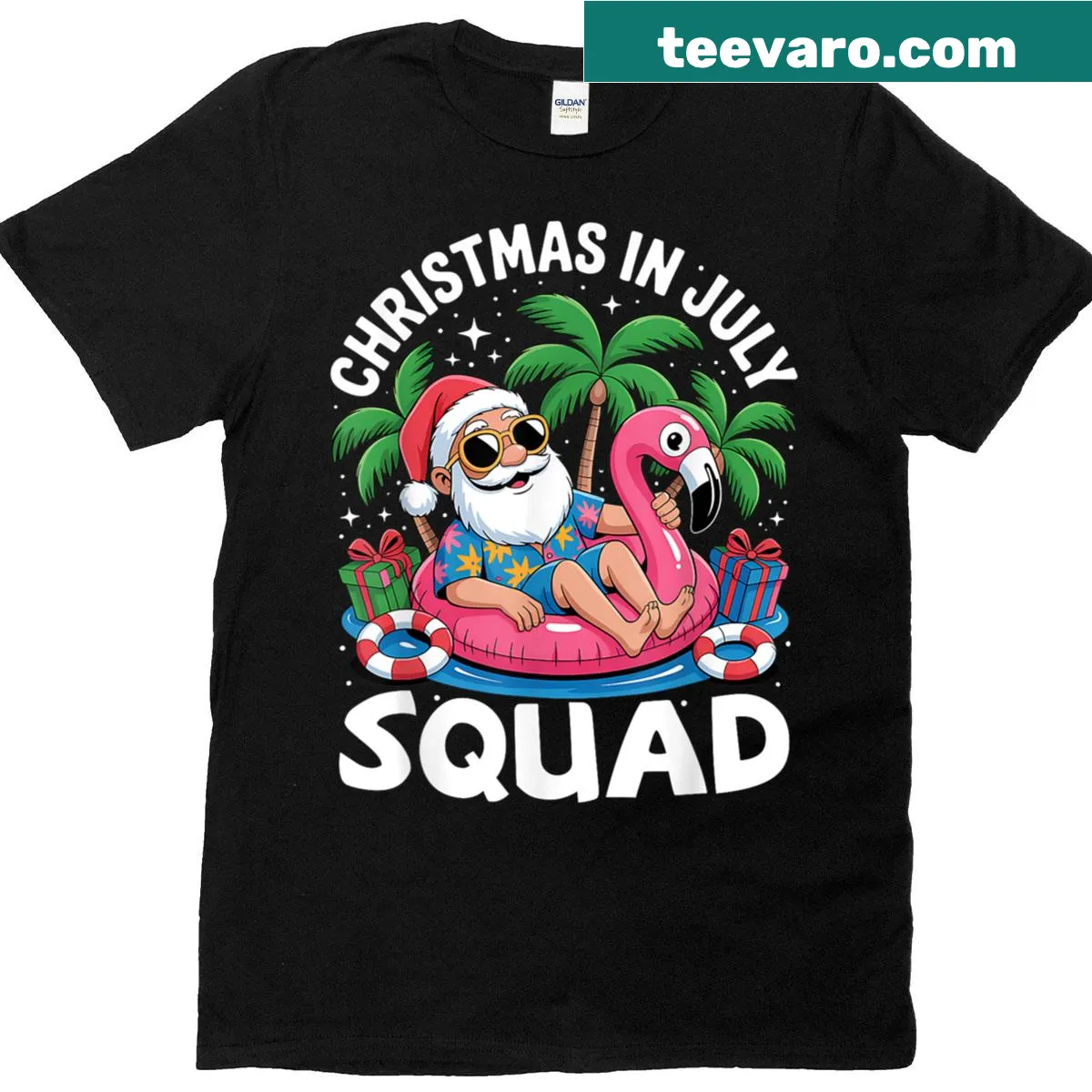 Playful t-shirt celebrating Christmas in July with a summer theme — on a men's t-shirt
