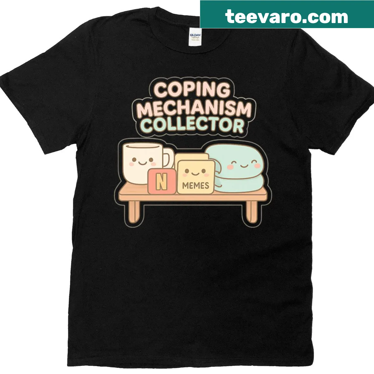 Kawaii style graphic t-shirt with the phrase about coping mechanisms — on a men's t-shirt