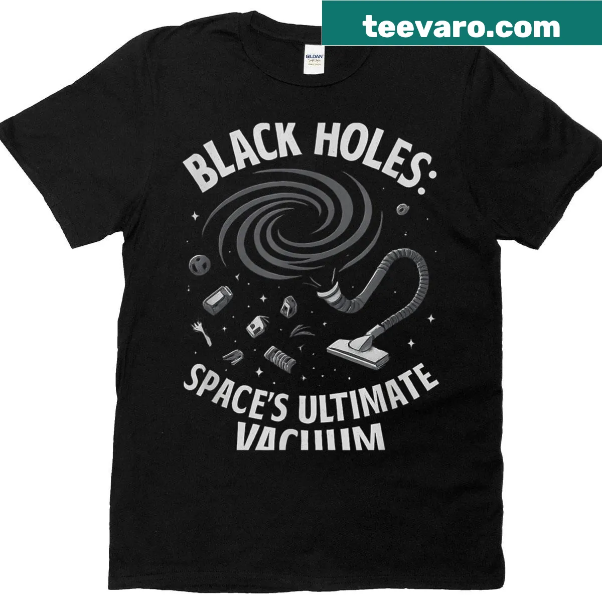 Cosmic T-shirt with black holes and spiral graphic illustration — on a men's t-shirt