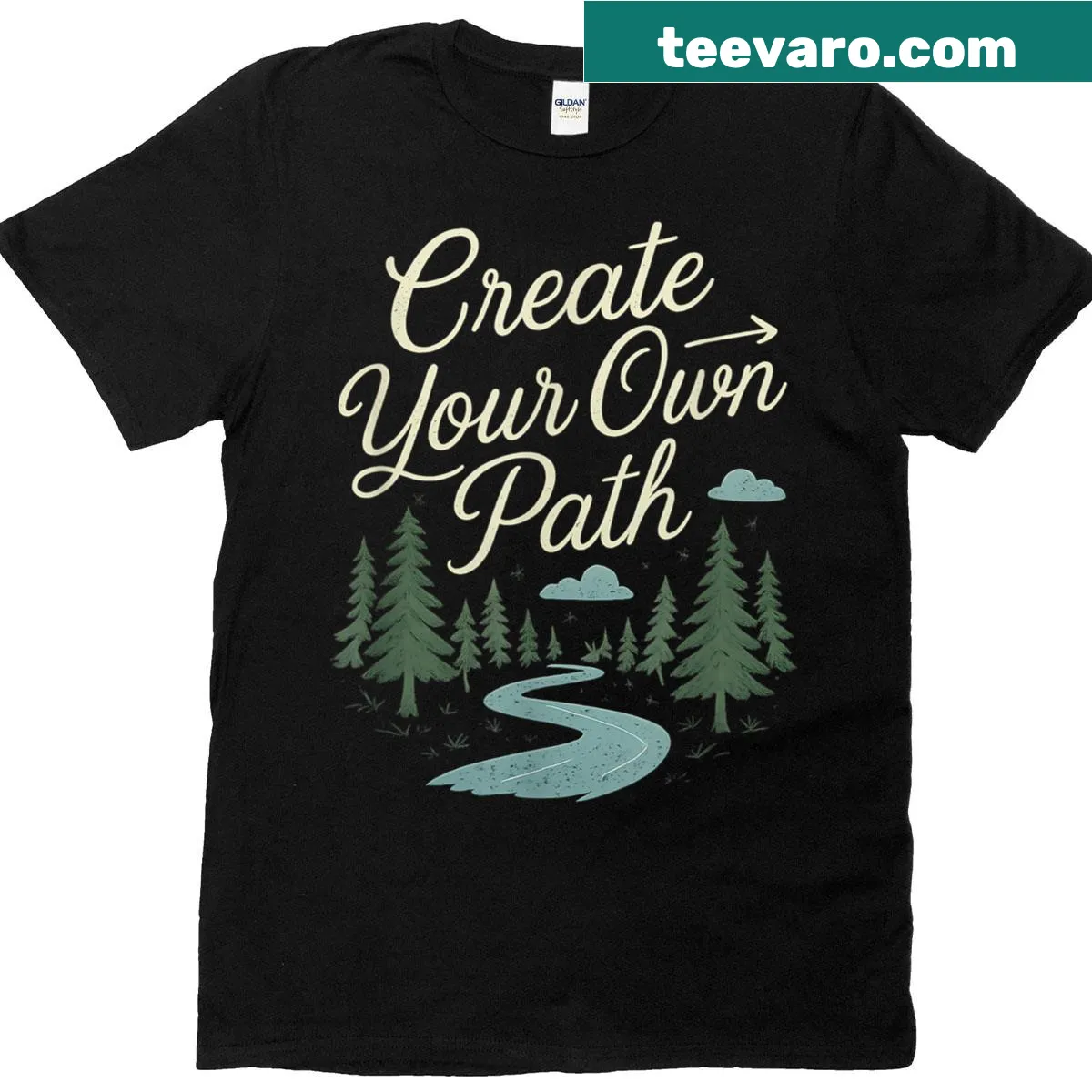Inspirational T-shirt with 'Create Your Own Path' typography and forest trail design — on a men's t-shirt