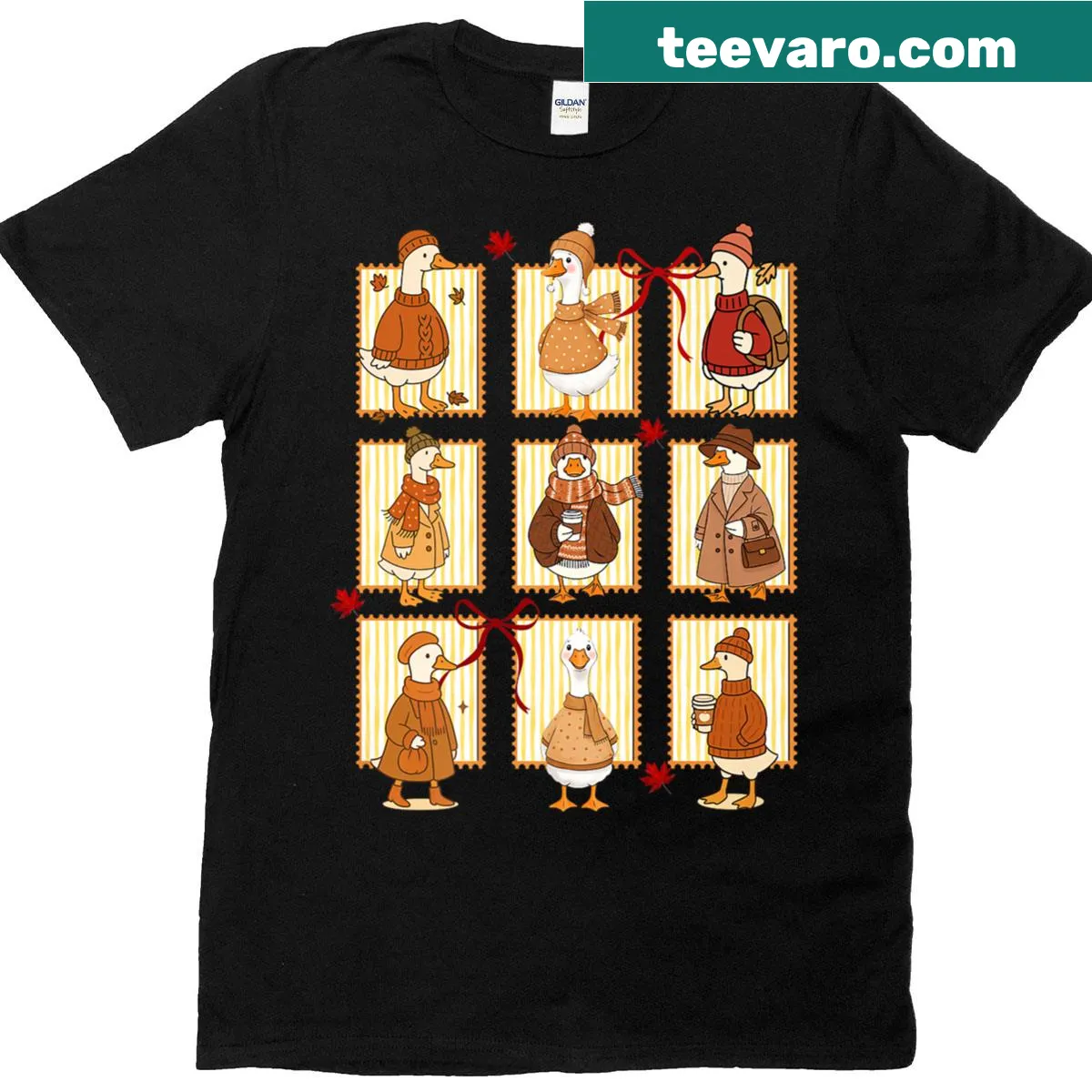 Cartoon geese in cozy outfits on T-shirt — on a men's t-shirt