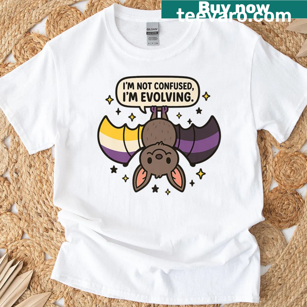Cute bat t-shirt with starry wings and an empowering message — on a men's t-shirt