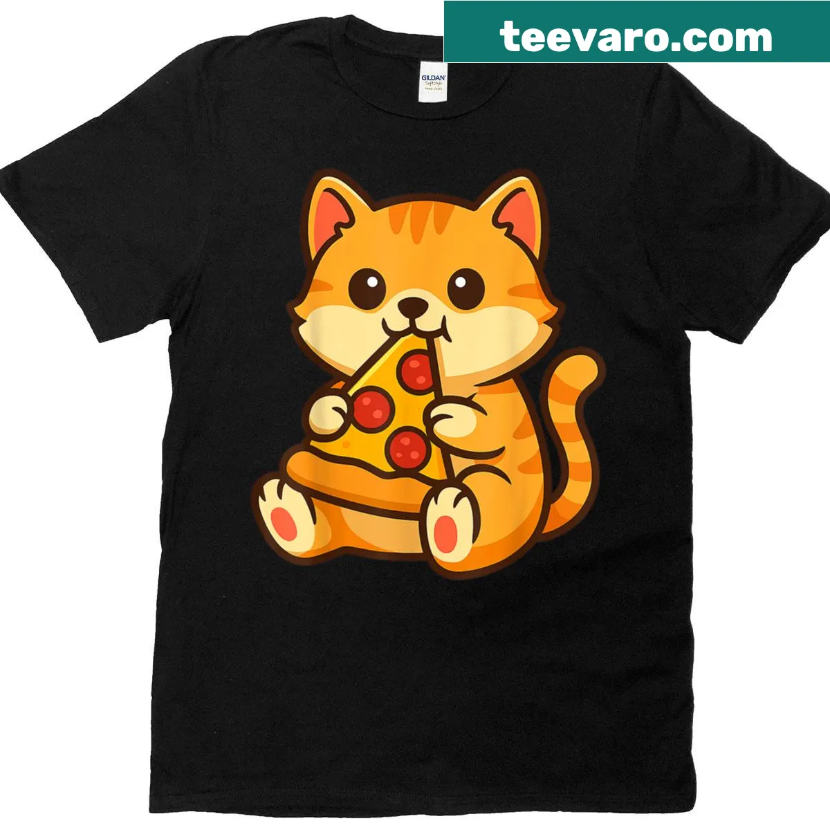 Cartoon cat enjoying a slice of pizza graphic on a t-shirt — on a men's t-shirt