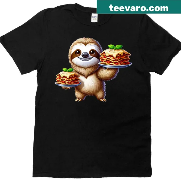 Cartoon sloth holding lasagna on a cute T-shirt