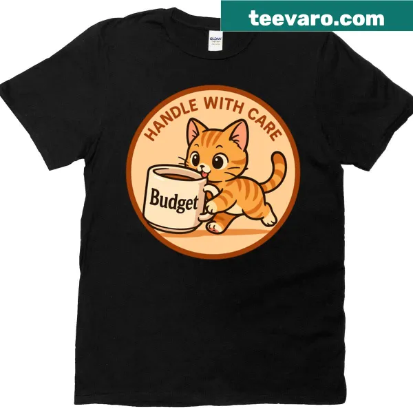 Funny cat design with 'Handle With Care' text on budget t-shirt